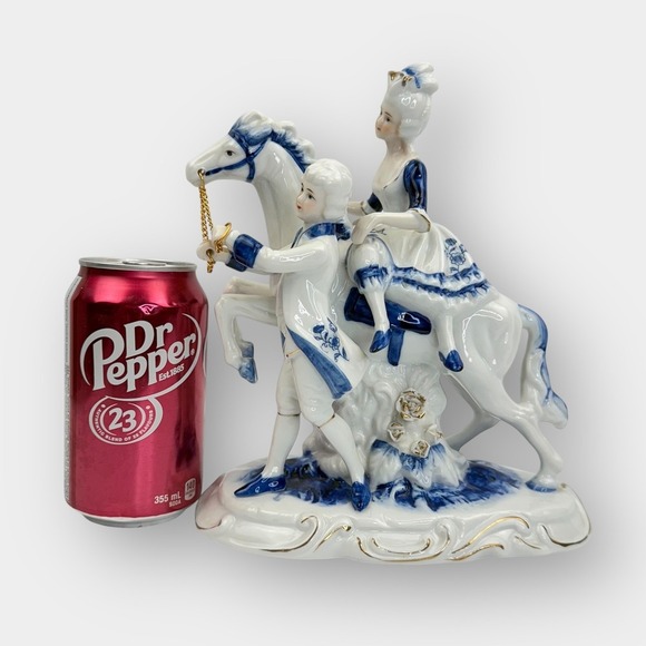 Vintage Porcelain Horse Rider & Handler Figurine Blue White Gold Trim 9 Inch - Picture 2 of 16